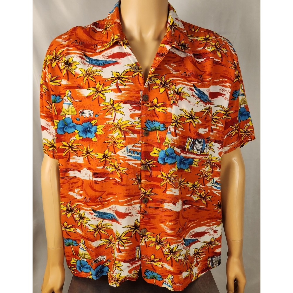 90s Roundy Bay Hawaiian Camp Shirt – Orange Tropicana Coconut Print – Men's L